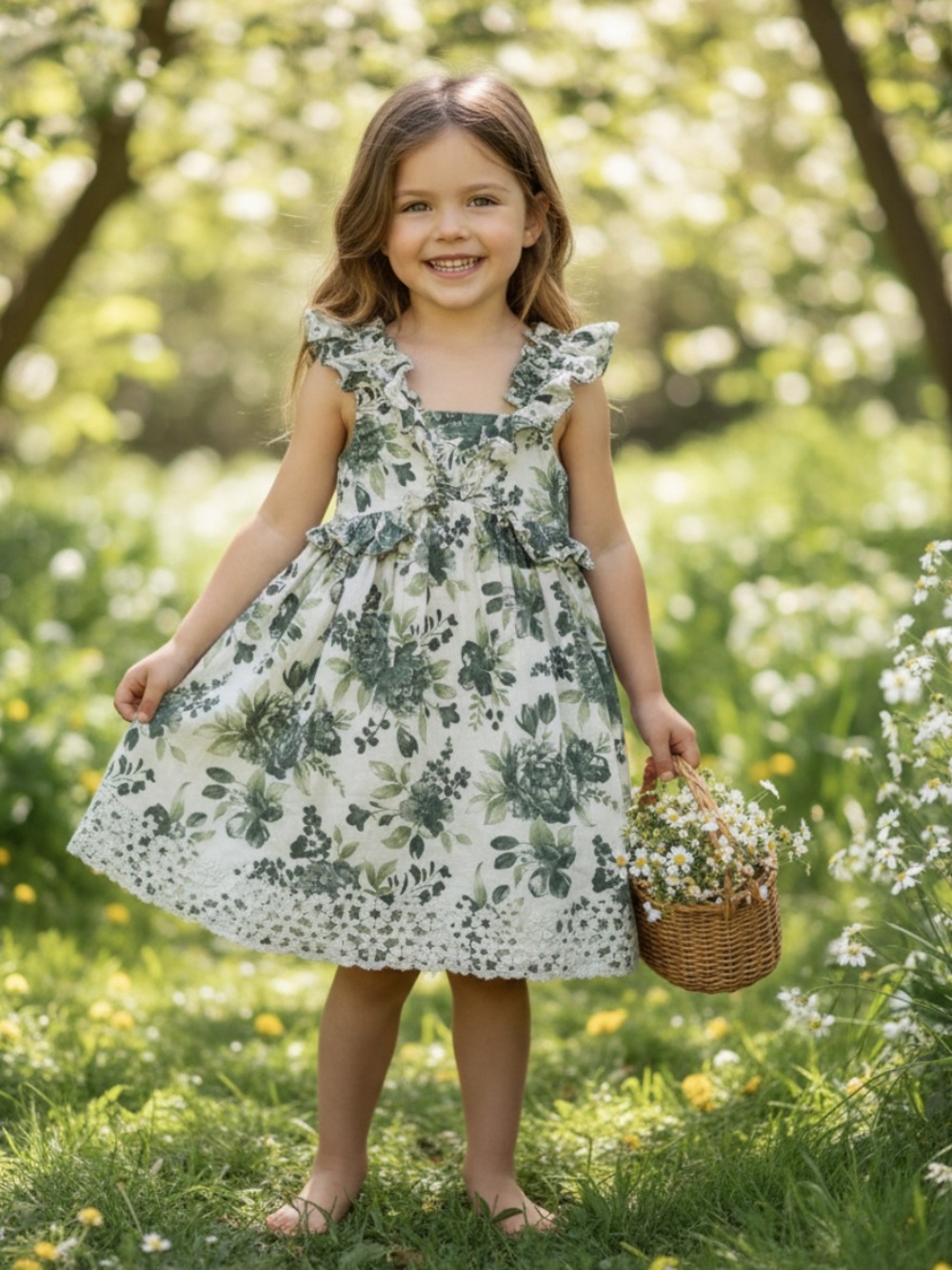 Happily Grey Kids Girls Green Floral Ruffle Lined Sundress